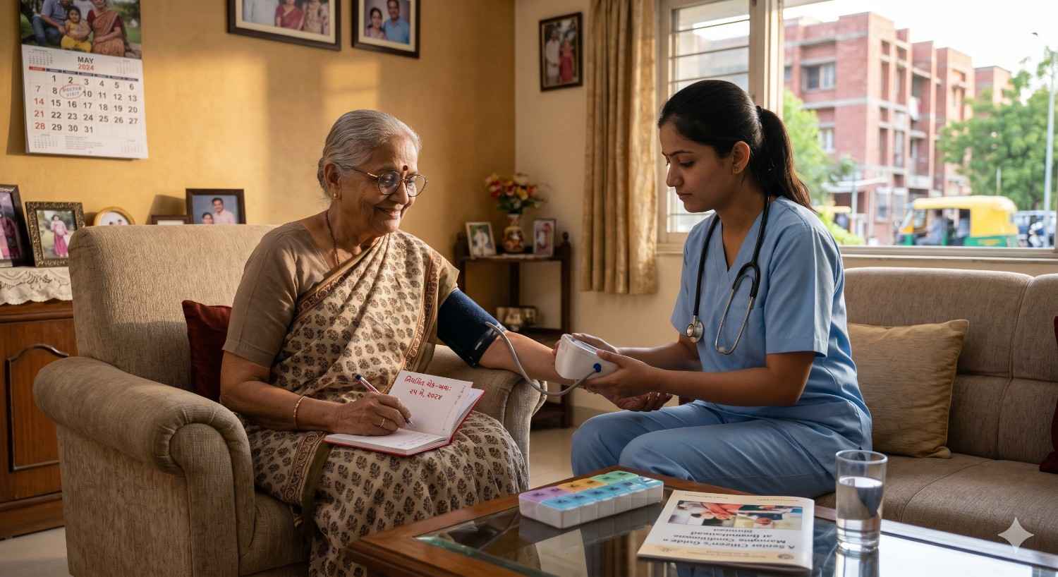 Nurse checking the blood pressure of a senior citizen at home