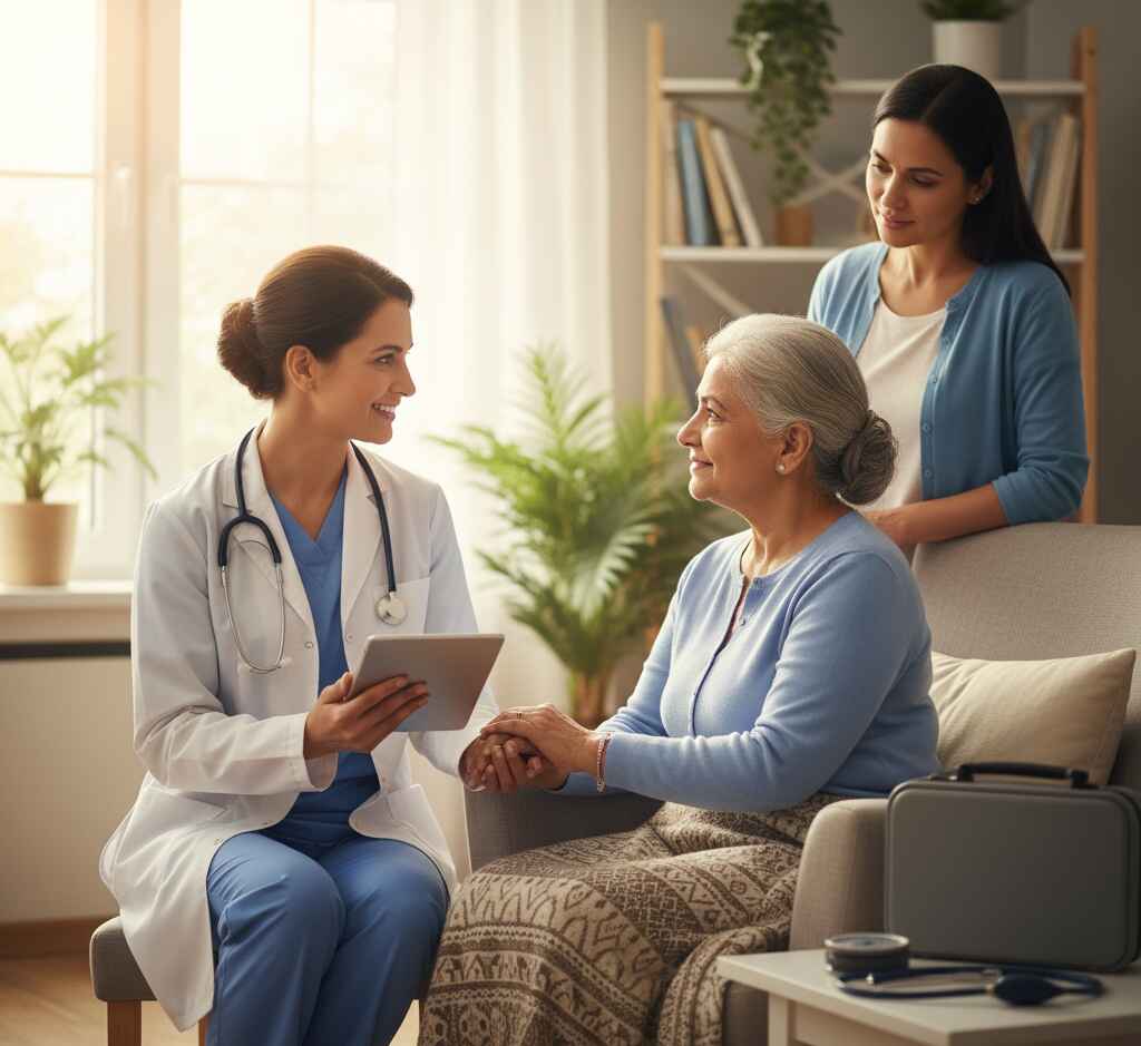 A doctor consults with an elderly patient at home, with a family member present, highlighting personalized home healthcare